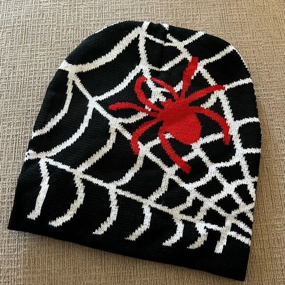 Red Spider and Spider Web Acrylic Knit Beanie Hat - Picture 4 of 4